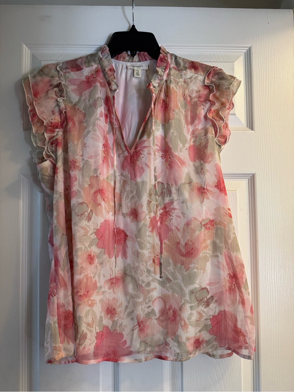 Floral Pink Ruffle-Sleeve V-Neck Blouse
